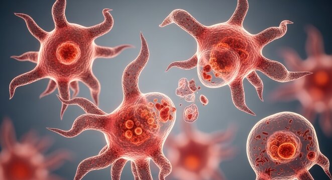 Scientific visualization of active brain microglia cells showing the process of phagocytosis and immune response