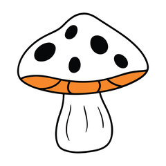 Naklejka premium Whimsical White Mushroom with Black Spots and Orange Gills