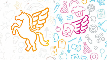 Obraz premium Illustration featuring a pegasus and assorted doodles with a crayon like texture on a white background silhouette