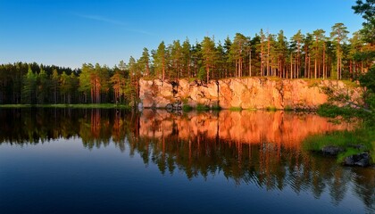 Fototapeta premium calm forest lake with tall pine trees and red rocky cliff reflecting in smooth water during golden hour