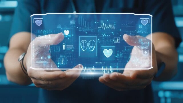 A person interacting with a futuristic holographic display showcasing health metrics and data visualizations