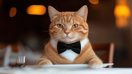 A cat wearing a black bow tie sits upright at a candlelit table, portraying the normalization of animals in symbolic human roles.