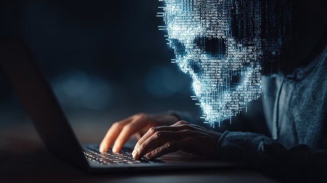 hacker using laptop with abstract skull shape binary code hacking and attack concept multiexposure  no logos no brands ar 169