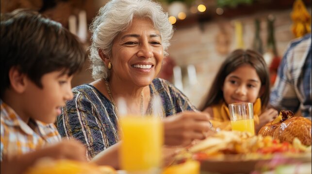 happy latin family having fun eating together at home focus on grandfather face no logos no brands ar 169