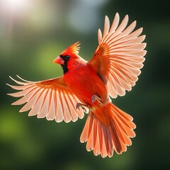 Fototapeta premium Male Northern Cardinal in Flight with Spread Wings on Soft Green Background.
