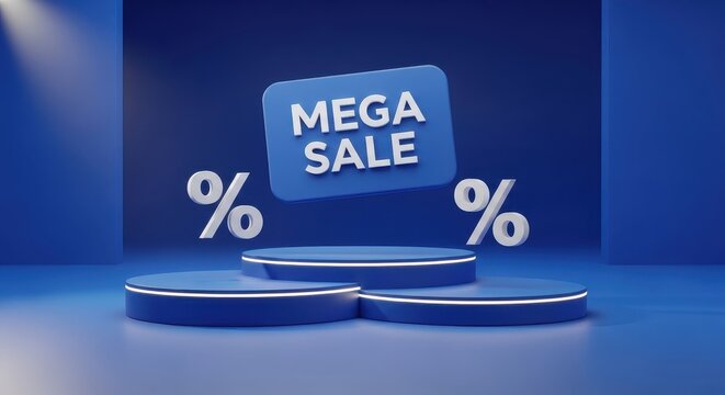 Mega Sale Promotion Scene with Discount Symbols on Product Stands in Blue Environment