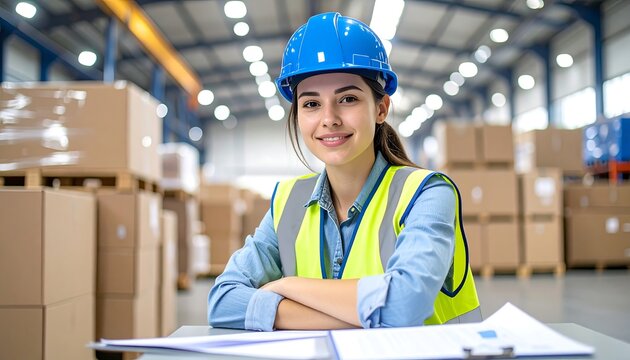 Confident Female Logistics Worker Smiling in a Modern Warehouse Setting - Powered by Adobe