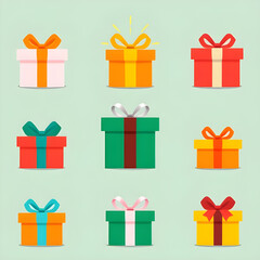 flat gift box illustration, flat present boxes, vector gift box set, minimal gift box design, modern gift boxes, UI gift icons, app gift box illustration, digital present boxes, clean gift packaging v