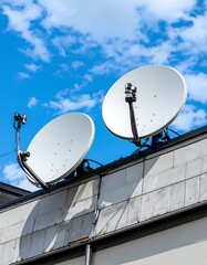 Two large satellite dishes mounted atop a light gray building against a vibrant blue sky dotted with fluffy white clouds.