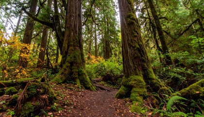 Obraz premium Lush forest path, mossy trees