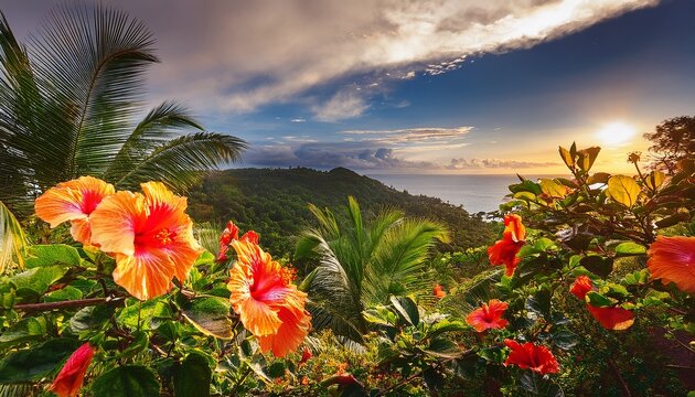 vibrant jamaican hibiscus flowers in lush tropical landscape