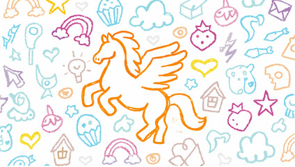 Pegasus illustration surrounded by colorful hand drawn doodles of stars and other various shapes silhouette