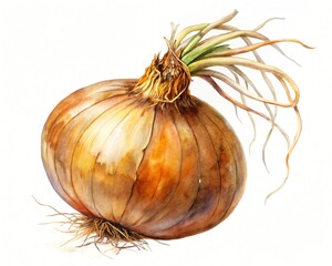 Watercolor painting of a single brown onion with roots and green shoots