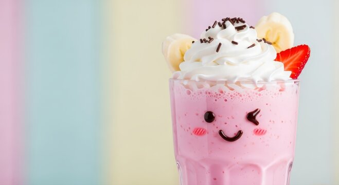 cute kawaii style strawberry milkshake with whipped cream and fruit