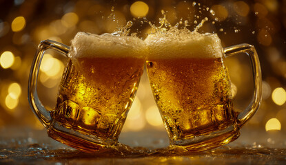 Two frosty beer mugs clinking together in a celebratory toast with bokeh lights in the background