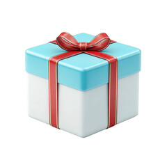 Obraz premium A light blue and white gift box with a red ribbon and bow, isolated on a transparent background