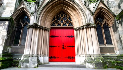 Fototapeta premium A grand, ancient stone church entrance features a striking, vibrant red door, accented by dark metal hardware.
