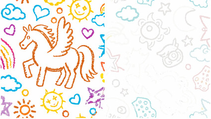 Obraz premium Colorful crayon style drawing featuring a winged unicorn rainbow suns hearts and stars on a white background silhouette