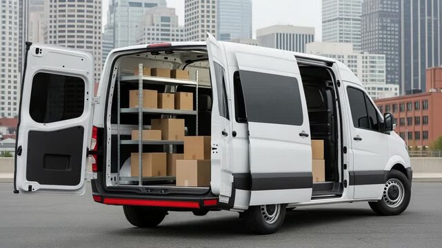 A white delivery van with its rear and side doors open, revealing shelves packed with cardboard boxes, parked in an urban setting with city buildings in the background