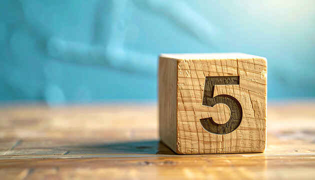 Wood cube with number 5 five on wooden table, blue wall on background.