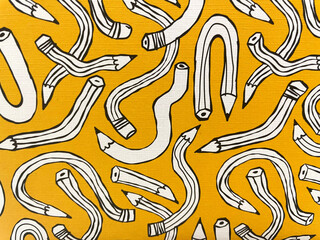 Creative abstract pattern with wavy cartoon pencils on a yellow background. Fun and playful design, perfect for education, school, art, drawing, stationery themes, wallpapers, and fabric prints.