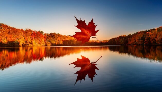 autumn sunset reflection red maple leaf on calm lake water