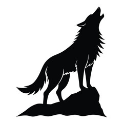 Black silhouette of a wolf howling on a rock white background