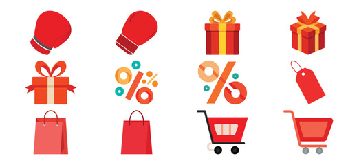 Vector illustration set for Boxing Day sale featuring boxing gloves, gift boxes with ribbons, discount symbols, price tags, shopping bags, and carts in flat modern style