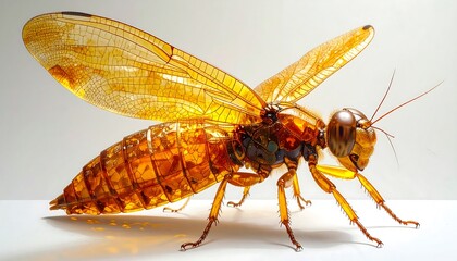 A detailed close-up view of a magnificent, intricately designed insect, showcasing its transparent, amber-like features and delicate wing structure against a bright, neutral background.