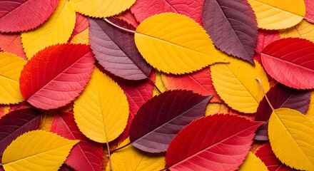 Fototapeta premium A closeup overhead view of fallen autumn leaves in vibrant shades of red, yellow, and deep purple