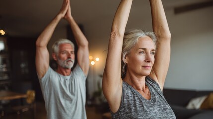 fit middle aged 50s family couple doing fitness yoga morning exercise at home sporty healthy old mature man and woman training together standing in living room active seniors sport stretching no logo