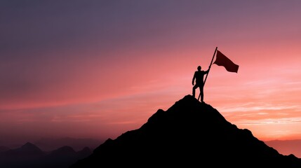 business success leadership achievement and people concept  silhouette of businessman with flag on mountain top over sky and sun light background no logos no brands ar 169