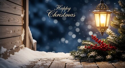 Warm glowing lantern illuminates snowy festive scene with evergreen branches and red berries