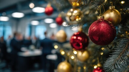 close up of decorated christmas tree in office with business people working in background xmas celebration in corporate office detail of christmas balls and lights with working office no logos no bra