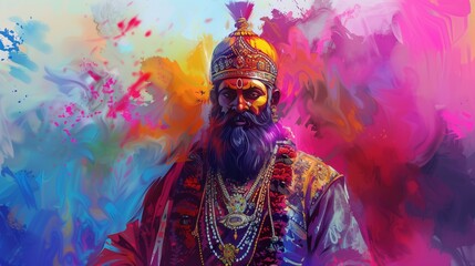 Fototapeta premium Agrasen Jayanti, Beautiful digital illustration of King Agrasen Maharaj, traditional Indian art style mixed with modern digital painting, vibrant colors, ornate royal costume