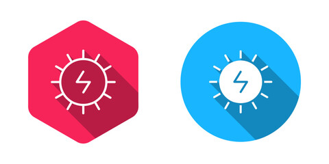 Filled and outline Solar energy panel icon isolated with long shadow background. Sun with lightning symbol. Vector