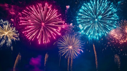Multicolor festive fireworks display in dark sky, vibrant holiday celebration event concept