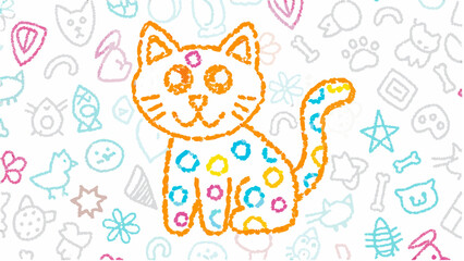 Orange cat with colorful spots and background doodles of animals and objects in a crayon style drawing silhouette