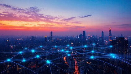 Fototapeta premium City skyline network at sunset (2)