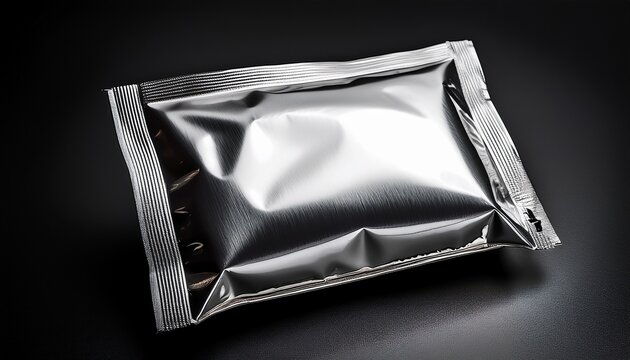 aluminum foil pouch mockup with zip closure shown on a smooth black background for packaging
