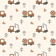 Cement mixer truck and crane cartoon so cute. On tree house traffic cone background. Pattern seamless vector illustration. 