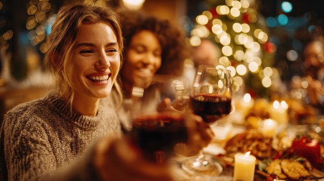holidays and celebration concept happy friends having christmas dinner at home and drinking red wine no logos no brands ar 169 - Powered by Adobe