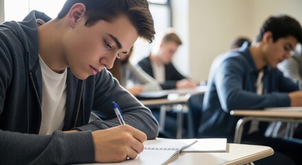 Fototapeta premium Focused teenage boy taking a final exam in a school setting.
