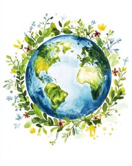 Watercolor earth surrounded by olive wreath eco illustration environmental sustainability peace nature artistic design