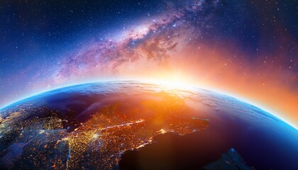 earth surrounded by vibrant cosmic energy during sunset