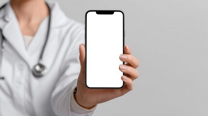 indian female doctor holding in hands using cell phone app mock up white screen over shoulder closeup view healthcare telemedicine online consultation remote mobile medical smartphone application no 