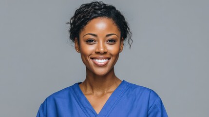 happy young female african american scrub nurse wear blue uniform standing isolated on background black millennial woman medical student intern medic staff professional head shot close up portrait no