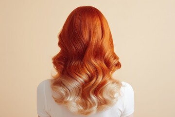 Fototapeta premium A woman's back displays vibrant, styled hair with a rich ombre effect of fiery red and light blonde tones, set against a serene beige backdrop.
