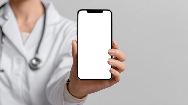 indian female doctor holding in hands using cell phone app mock up white screen over shoulder closeup view healthcare telemedicine online consultation remote mobile medical smartphone application no 