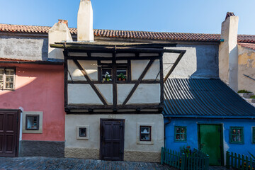 Golden Lane at Prague Castle. Charming Golden Lane in Prague Castle, known for its colorful houses and rich history. Once home to Franz Kafka, now hosting exhibits of life through the centuries.